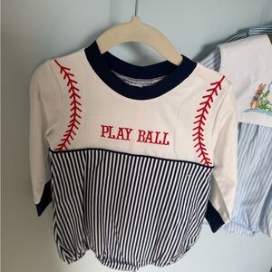 Striped Navy & White 'Play Ball' Long Sleeve Tee - Red Stitch Detail